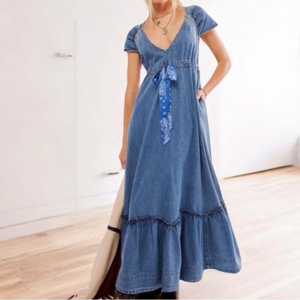 Free People Roucha denim ruffle hem Maxi Dress with bandana silk tie